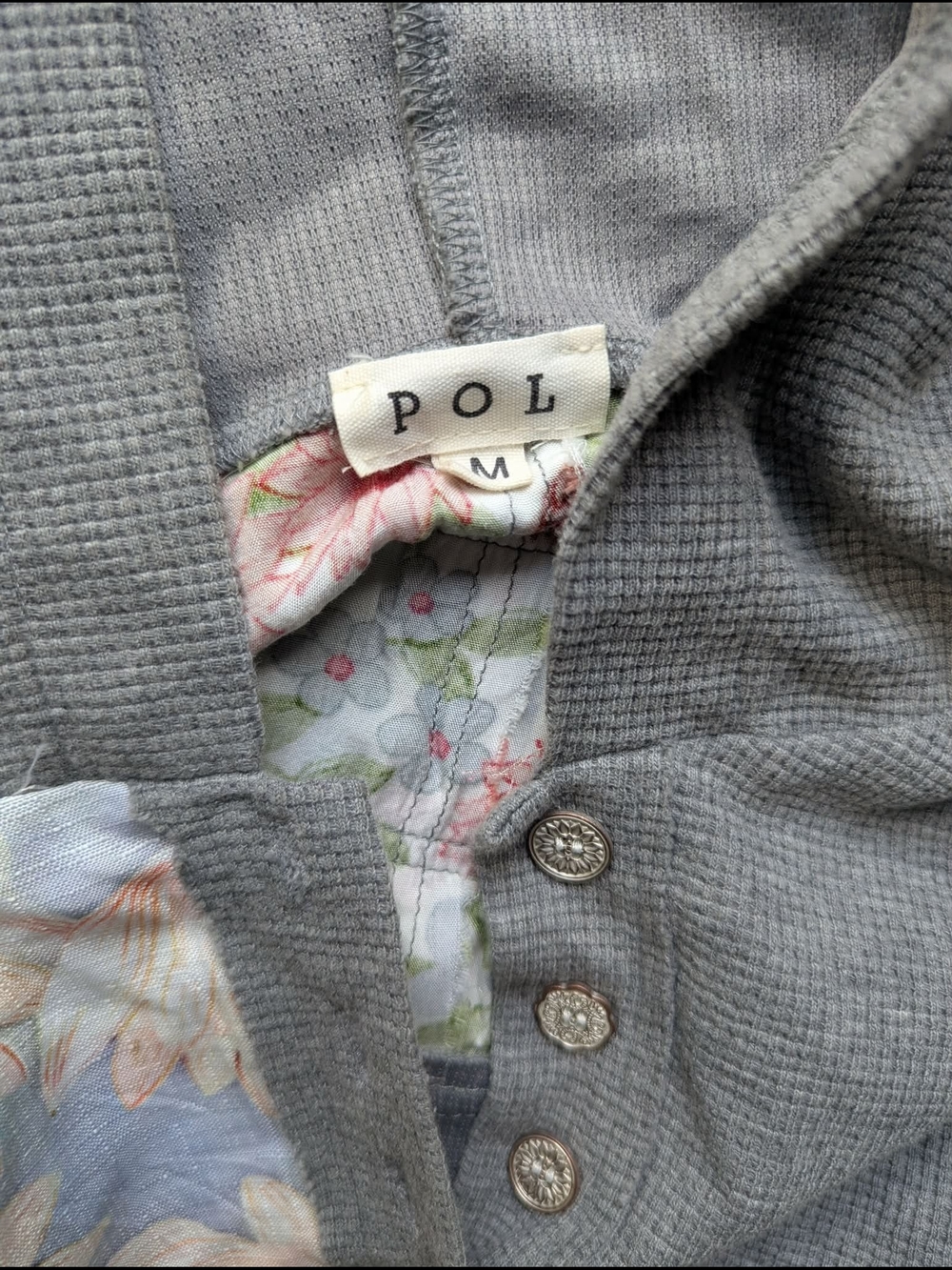 POL Gray Hooded Button Front Top with Floral Trim - Picture 3 of 4